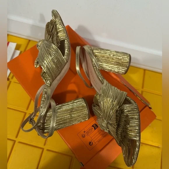 Loeffler Randall Camellia Gold Pleated Bow Heel Sandal MSRP $400 EUC Size 9.5 - Picture 7 of 9